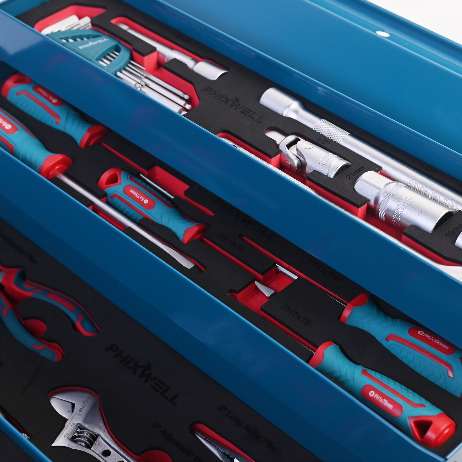 717302 PHIXWELL Set di 56 utensili manuali con cassetta in ferro per uso domestico